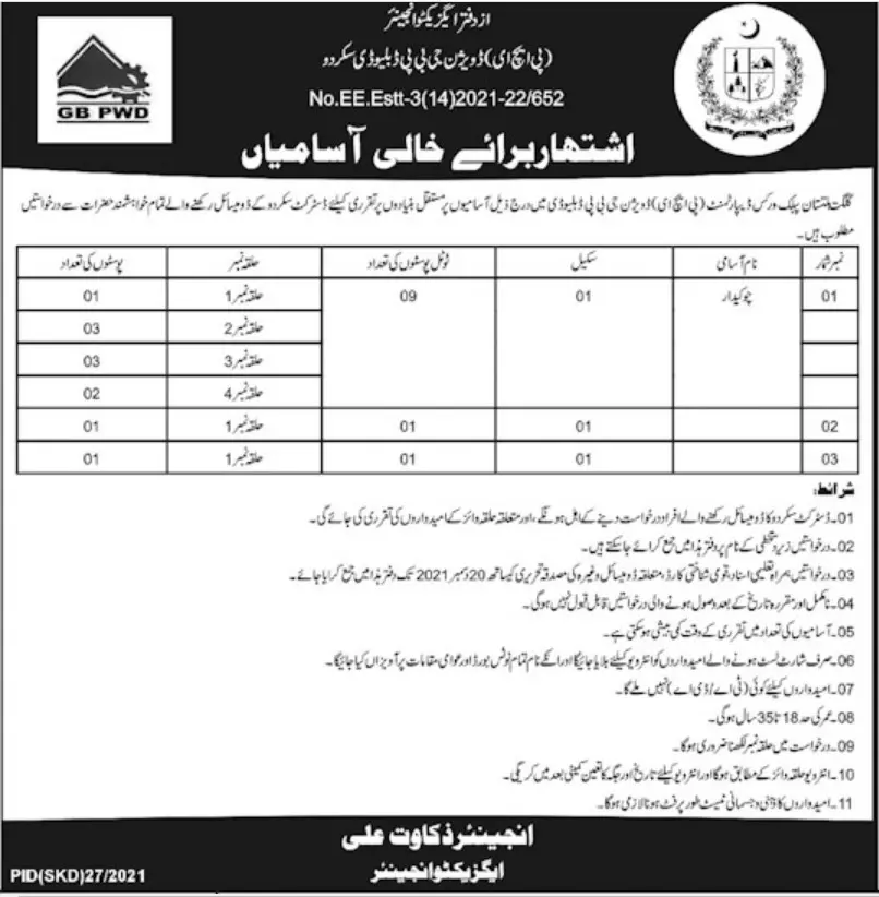 Jobs In Public Works Department Gilgit Baltistan – Government of Gilgit-Baltistan Jobs 2021 — original advertisement