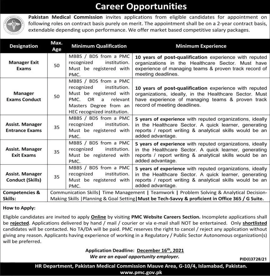 Jobs In Pakistan Medical Comission (PMC) Islamabad – Pakistan Medical Commission Jobs 2021 — original advertisement