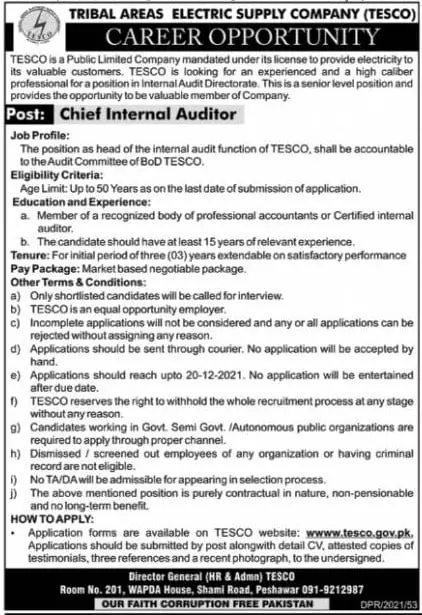 Electric Supply Company (TESCO) Peshawar – Private Company Jobs 2021 — original advertisement