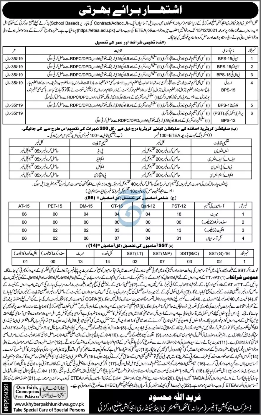 Elementry & Secondary Education Department Kpk Jobs – Elementary & Secondary Education Department KPK Jobs 2021 — original advertisement