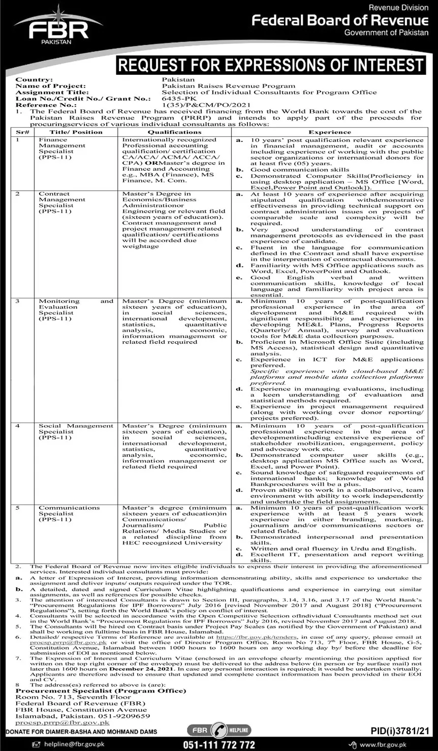 Fedral Board of Revenue (FBR) Islamabad – Federal Board of Revenue Jobs 2021 — original advertisement