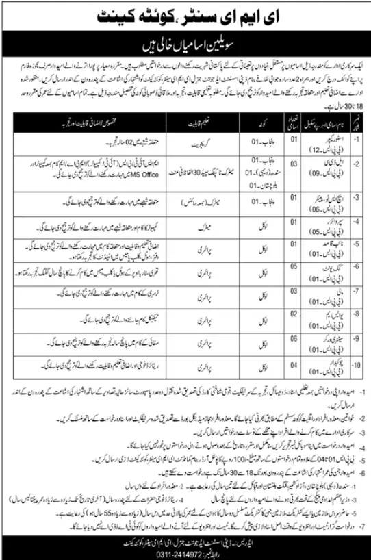 Government Sector Organization (EME) Center Quetta Jobs – Govt of Balochistan Jobs 2021 — original advertisement