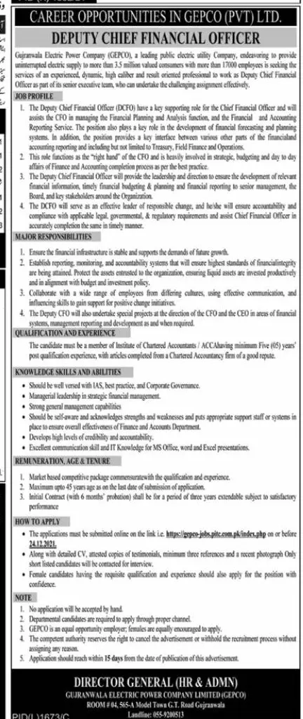 Jobs In Gujranawala Electric Power Company Limited (GEPCO) – Gujranwala Electric Power Company GEPCO Jobs 2021 — original advertisement