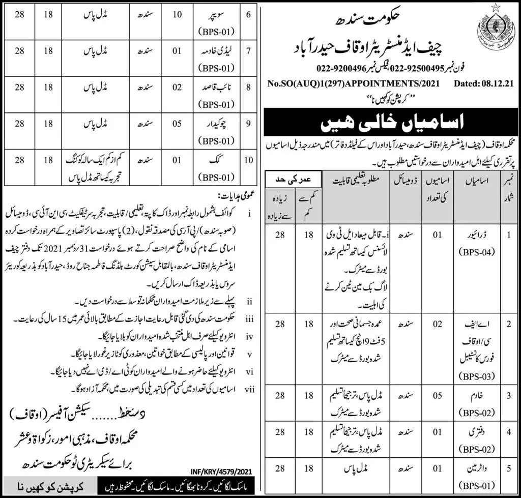 Jobs in Pakistan Chief Administrator Oakaf Hydrabad Sindh – Govt of Sindh Jobs 2021 — original advertisement