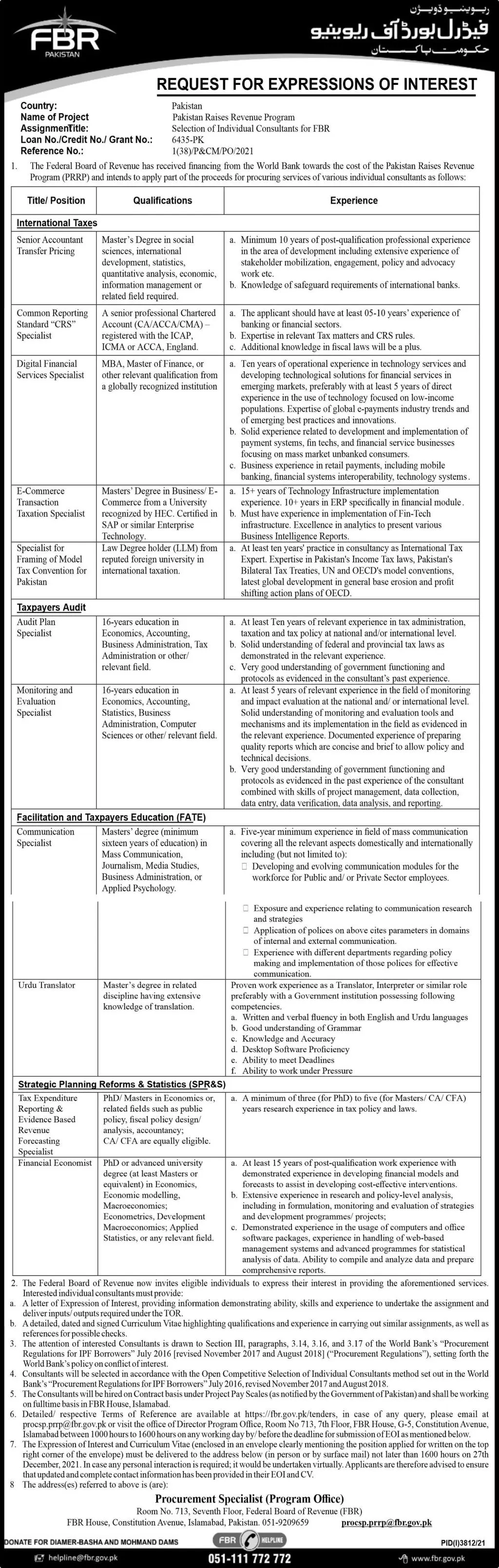 Jobs Federal Board of Revenue Islamabad Jobs 2021 — original advertisement