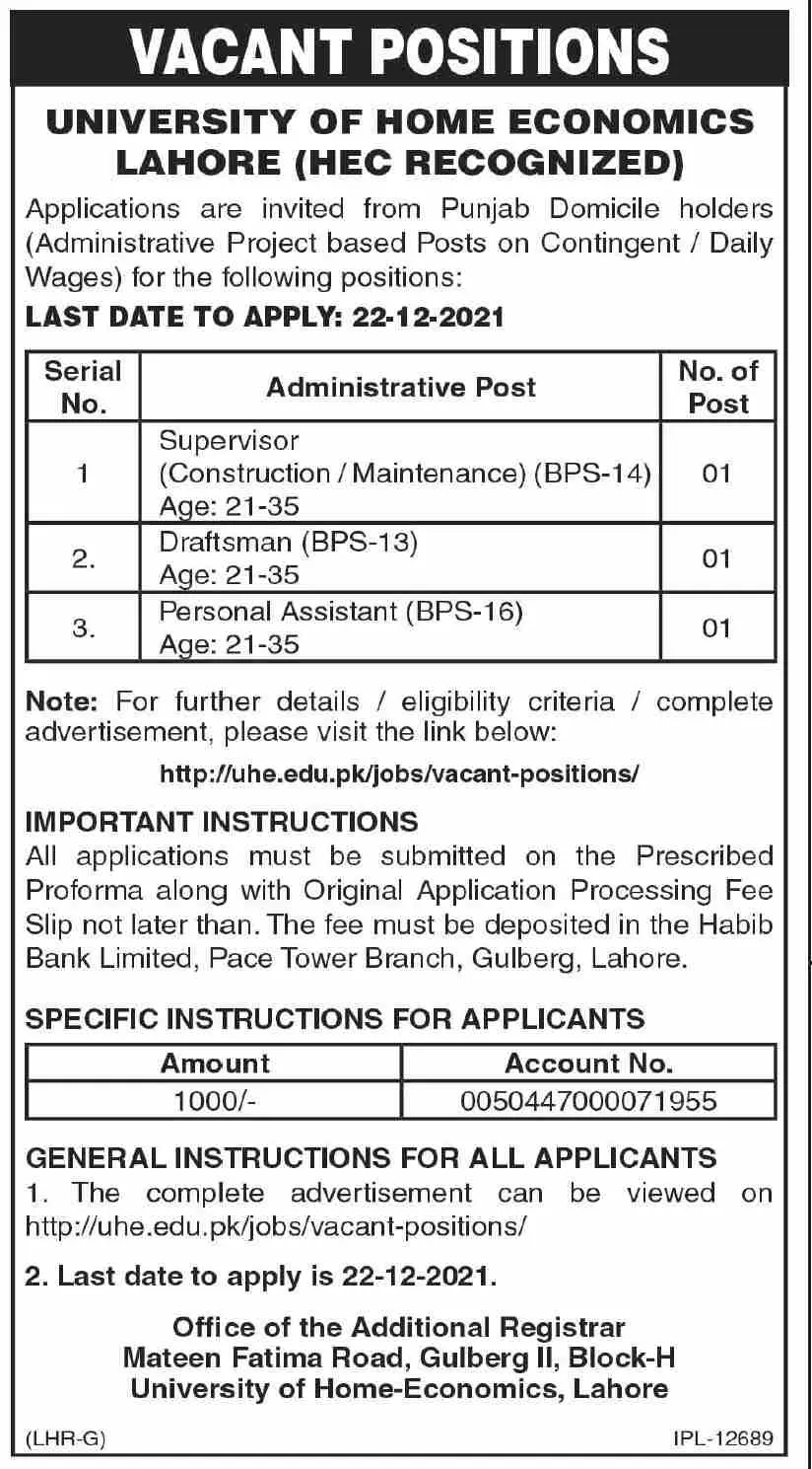 Jobs in Pakistan University of Home Economics Punjab Lahore – Private Sector Organization Jobs 2021 — original advertisement