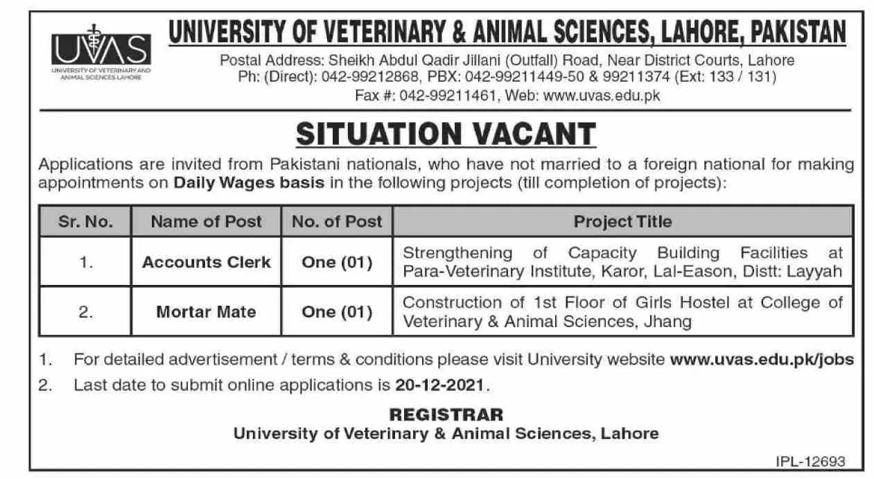 University of Veterinary & Animal Sciences Lahore Jobs – University of Veterinary and Animal Sciences Lahore Jobs 2021 — original advertisement