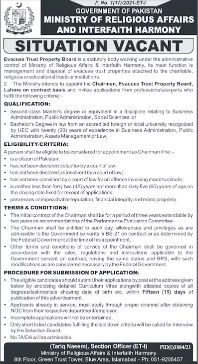 Ministry of Religious Affairs and Interfaith Harmony Jobs – Ministry of Religious Affairs and Interfaith Harmony Pakistan Jobs 2021 — original advertisement