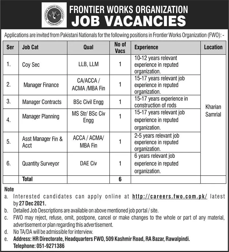 Jobs in Pakistan Frontier Works Organization Rawalpindi Jobs 2021 — original advertisement