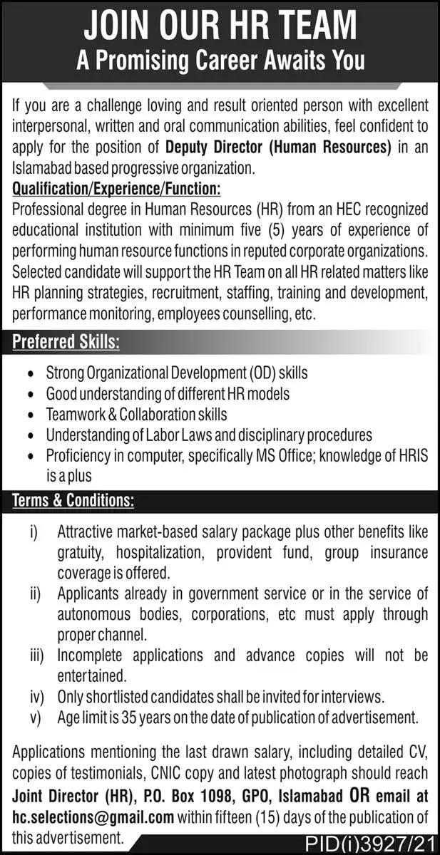 Human Resources Islamabad Based Progressive Organization job – Private Sector Organization Jobs 2021 — original advertisement