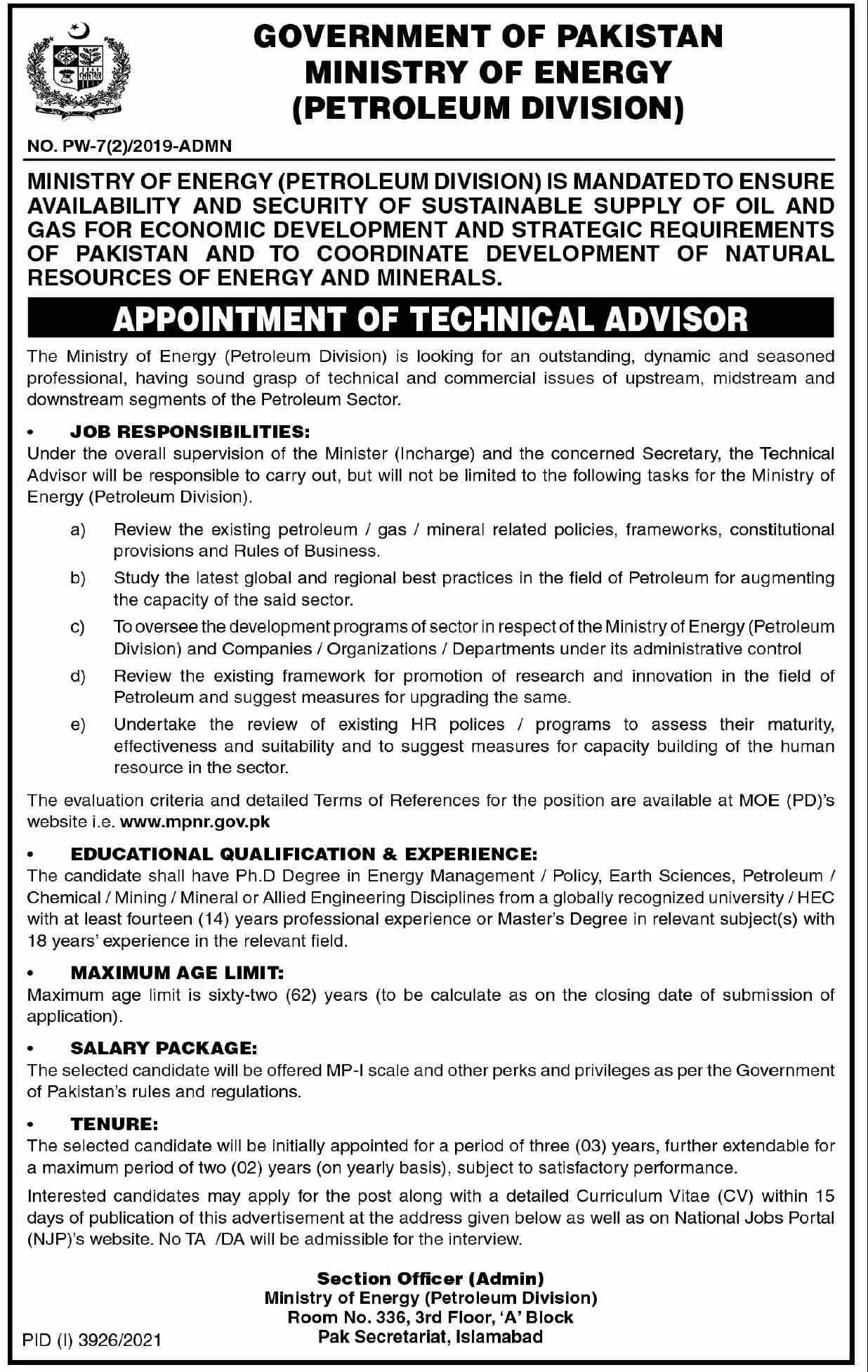 Ministry of Energy (Petrolem Division) Islamabad Jobs – Ministry of Energy Power division Islamabad Jobs 2021 — original advertisement