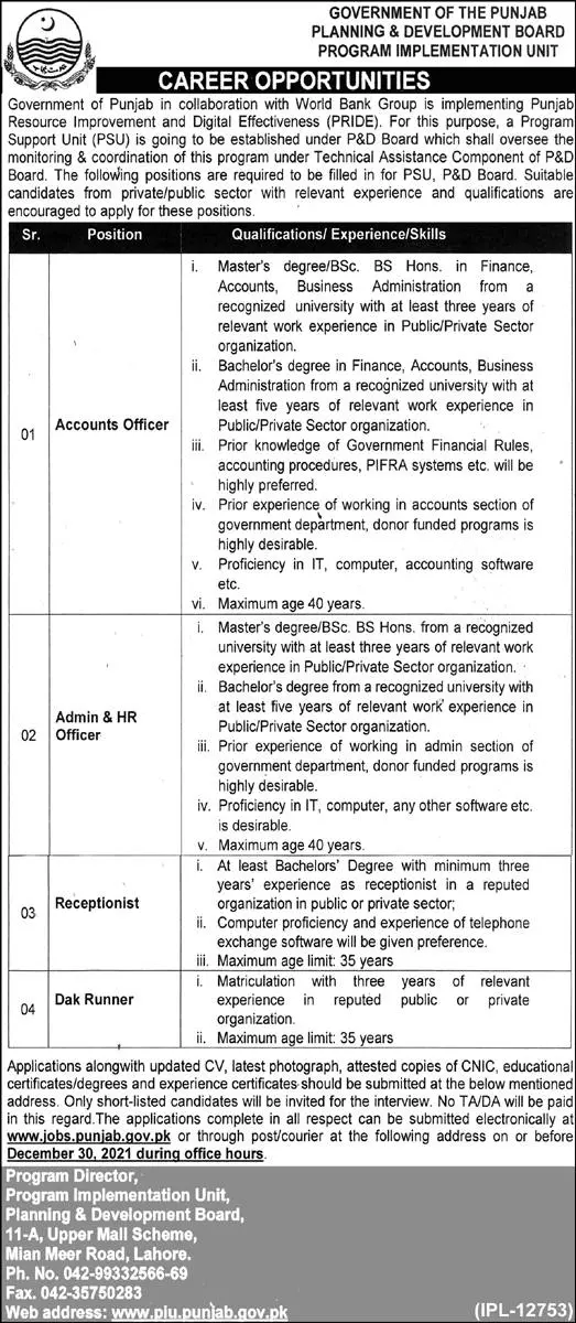 Planning & Development Board Program Implementation unit Job – Planning & Development Board Punjab Jobs 2021 — original advertisement