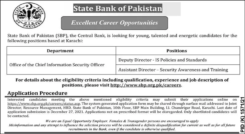 Jobs in Pakistan State Bank of Pakistan (SBP) Karachi Sindh Jobs 2021 — original advertisement
