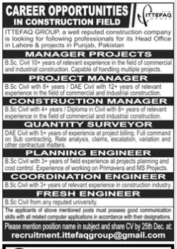 Ittefaq Group Construction Company Punjab Jobs – Private Company Jobs 2021 — original advertisement
