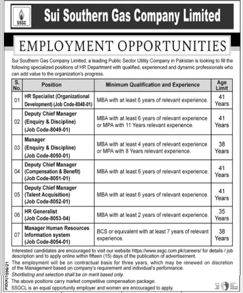 Jobs in Pakistan Sui Southern Gas Company Limited Pakistan Jobs 2021 — original advertisement