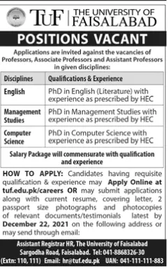 Jobs in Pakistan The University of Faislabad Punjab – University of Agriculture Faisalabad Jobs 2021 — original advertisement