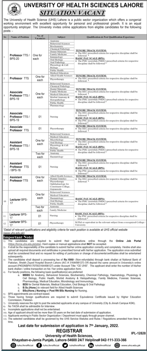 Jobs in Pakistan University of Health Sciences Lahore Punjab Jobs 2021 — original advertisement