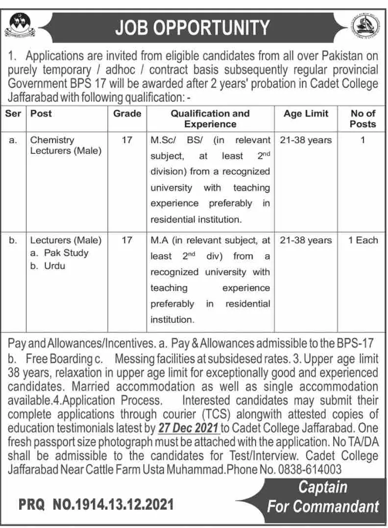 Jobs in Pakistan Cadet College Jaffarabad Jobs 2021 — original advertisement