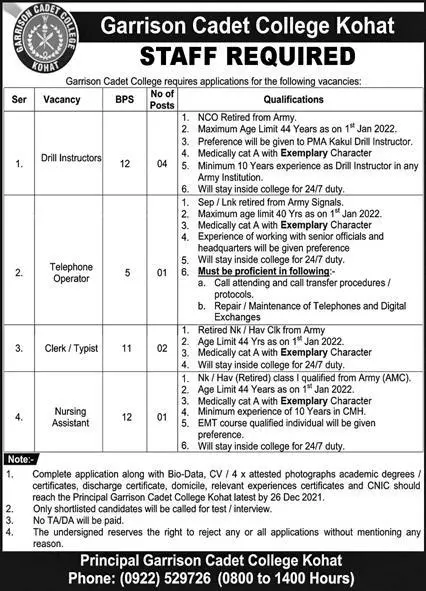 Jobs In Pakistan Garrison Cadet College Kohat – Govt of Kpk Jobs 2021 — original advertisement