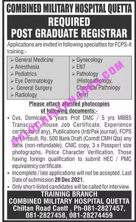Jobs In Pakistan Combined Military Hospital Quetta – Combined Military Hospital CMH Jobs 2021 — original advertisement