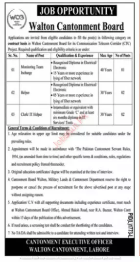 jobs in Pakistan Walton Cantonment Board Lahore Jobs 2021 — original advertisement