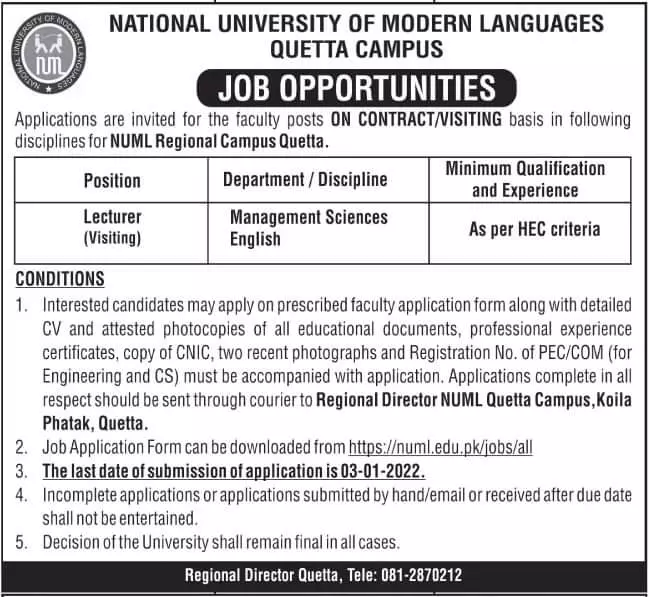 National university mordern languages Quetta Jobs – National University of Modern Languages Islamabad Jobs 2021 — original advertisement