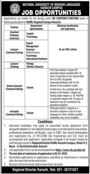 National university of Modern language karachi NUML Jobs – National University of Modern Languages Islamabad Jobs 2021 — original advertisement