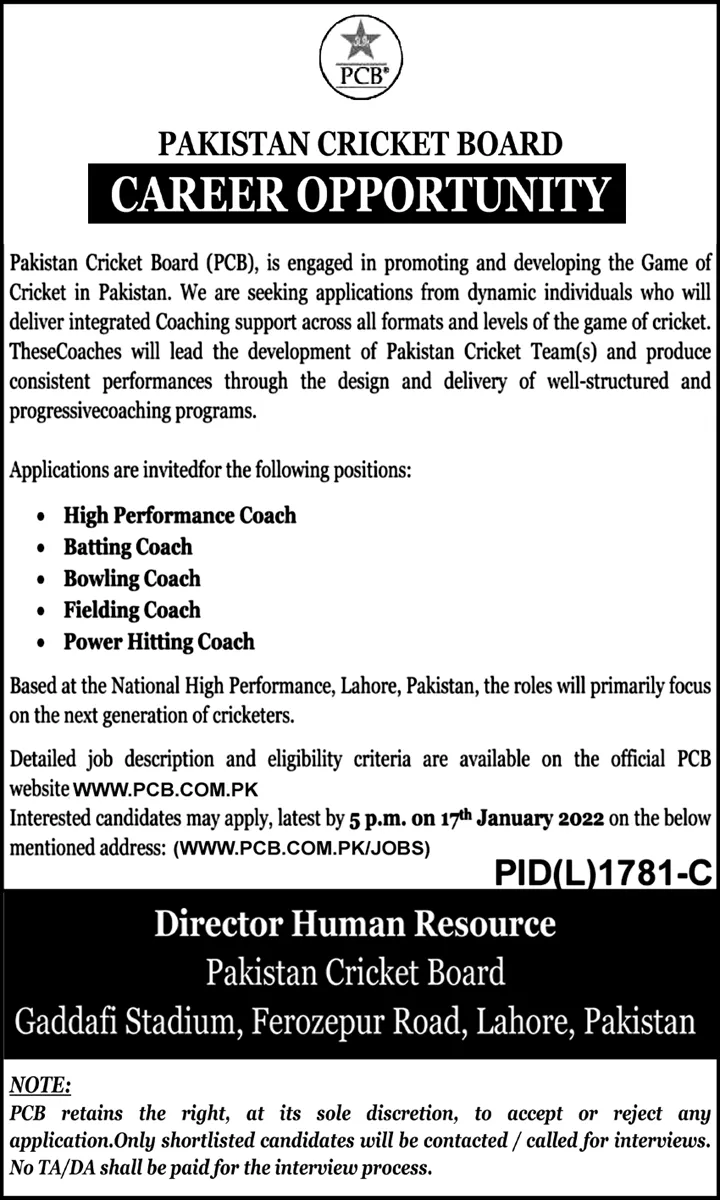 JOBS IN pakistan PAKISTAN CRICKET BOARD PAKISTAn – Pakistan Cricket Board (PCB) Jobs 2021 — original advertisement