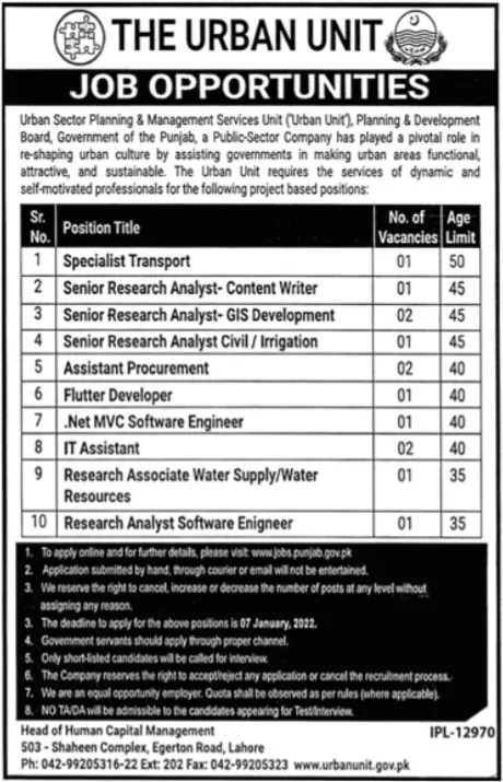 Jobs in pakistan the Urban unit pakistan – The Urban Unit Punjab Jobs 2021 — original advertisement