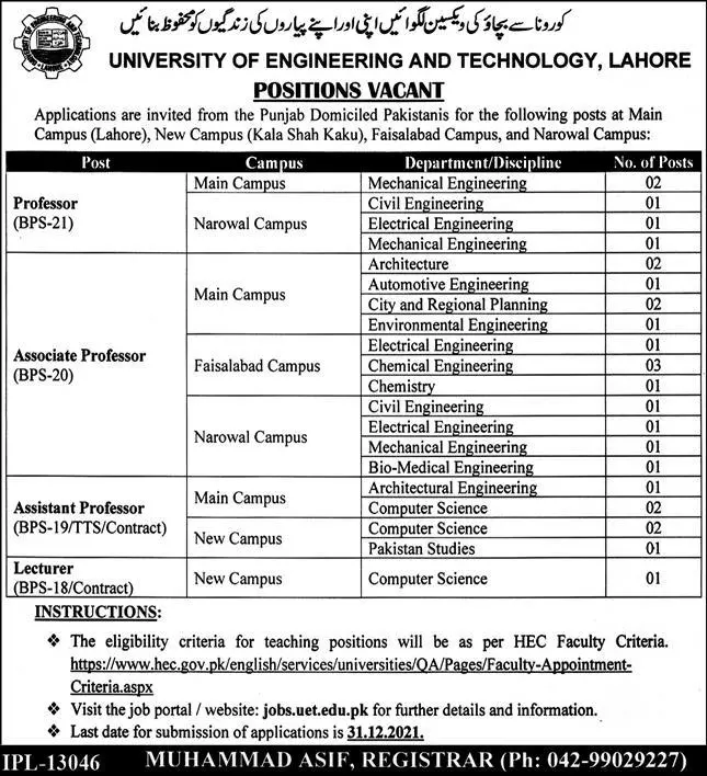 University of Engineering and technology Lahore jobs – University of Engineering  & Technology Lahore Jobs 2021 — original advertisement