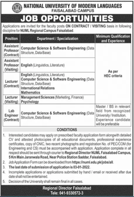 Jobs In National university of modern languages Faisalabad – Private Sector Organization Jobs 2021 — original advertisement