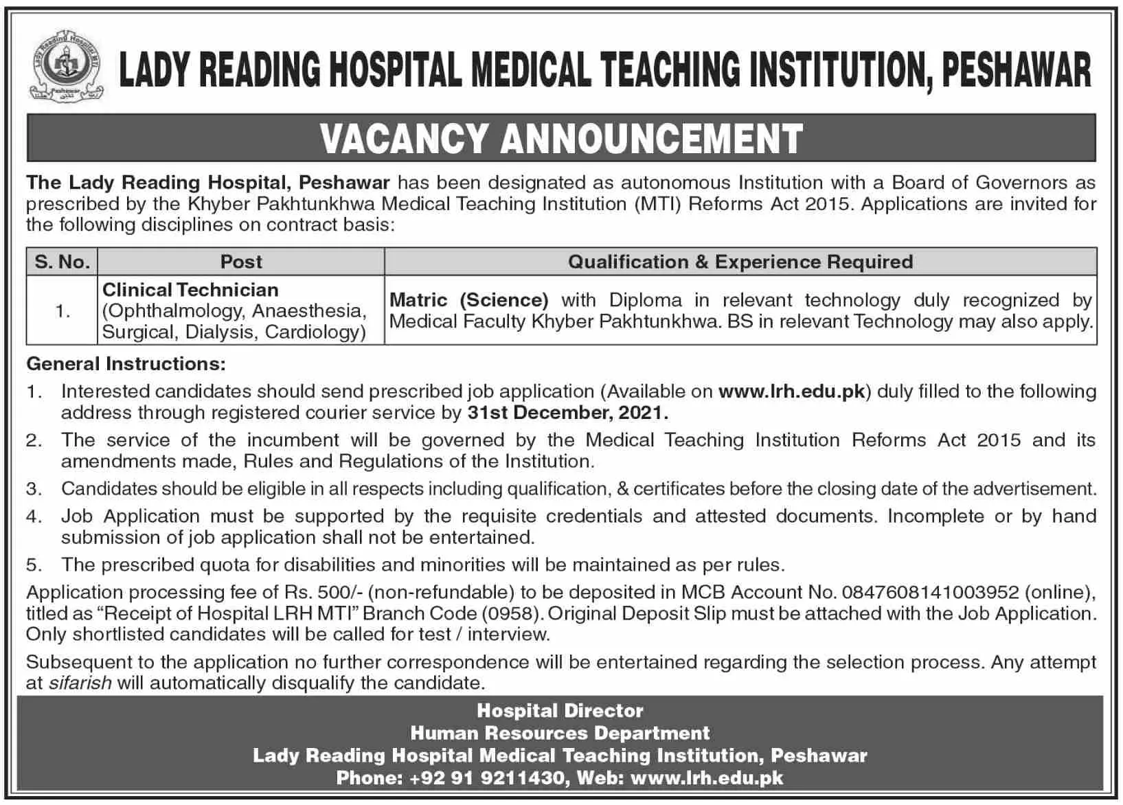 jobs in Pakistan lady reading hospital Peshawar Jobs 2021 — original advertisement