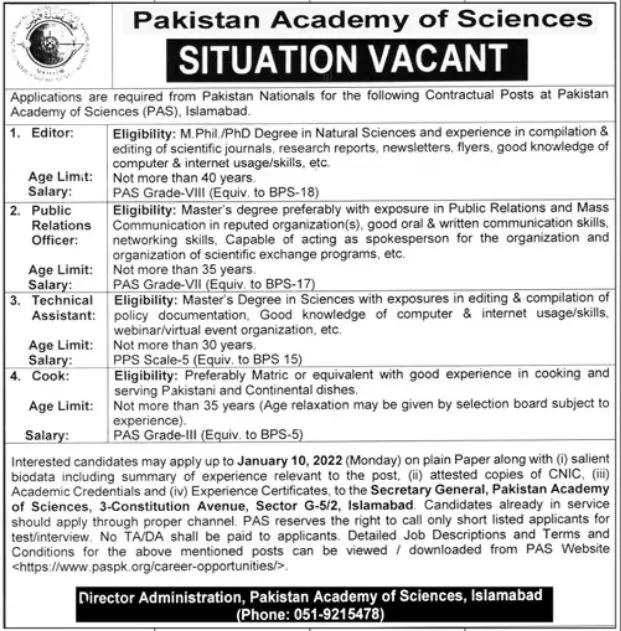 Jobs  Pakistan academy of sciences – Pakistan Academy of Sciences Islamabad Jobs 2021 — original advertisement