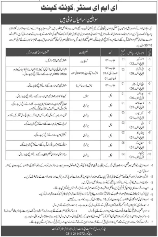 Jobs in pakistan EME center Quetta Cantt – Govt of Balochistan Jobs 2021 — original advertisement