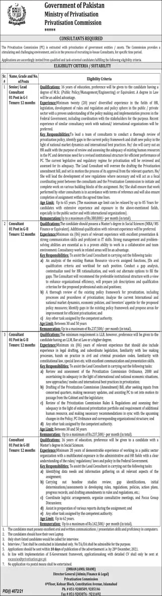 Pakistan ministry of privatization commission Jobs – Ministry of Privatization Pakistan Jobs 2021 — original advertisement