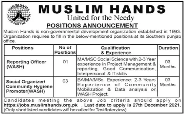 Jobs in pakistan Muslim hands united for needy Pakistan Jobs 2021 — original advertisement