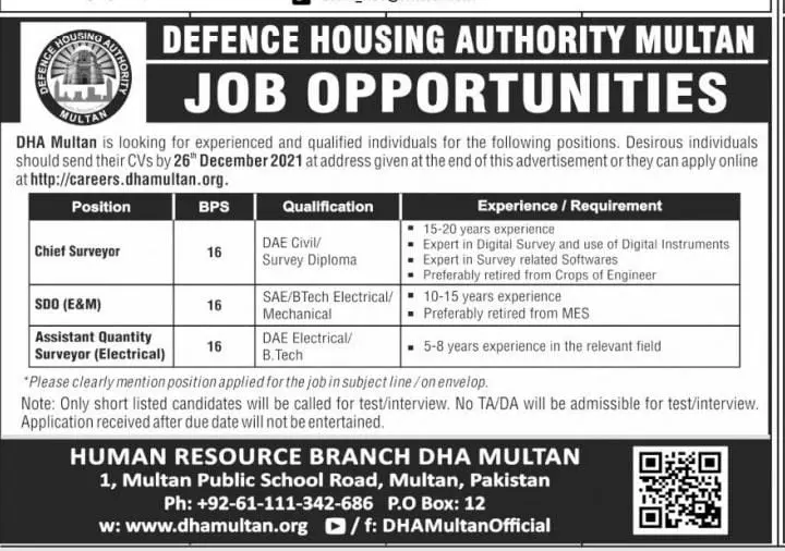 Jobs in pakistan Defence Housing Authority Multan Jobs 2021 — original advertisement
