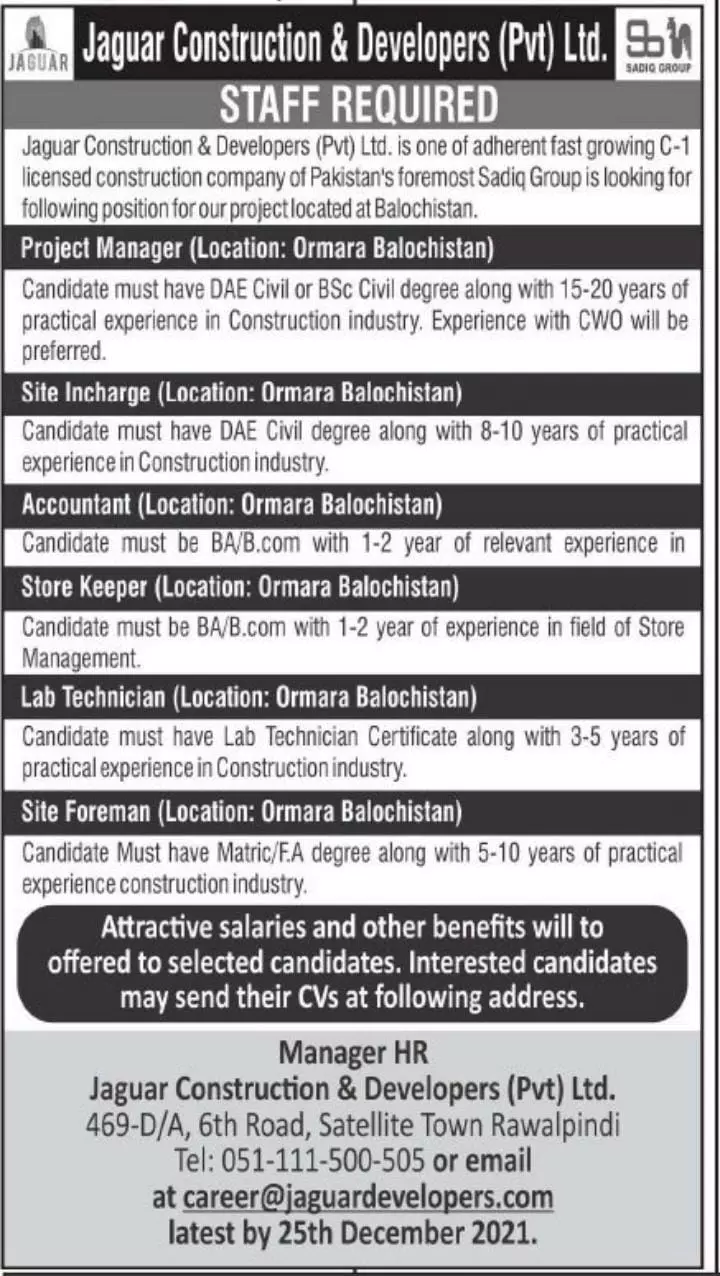 Jaugar Construction and Developer Balochistan Jobs – Private Company Jobs 2021 — original advertisement