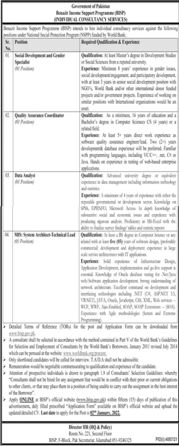 Jobs in pakistan Benazir income support Islamabad – Benazir Income Support Programme Jobs 2021 — original advertisement