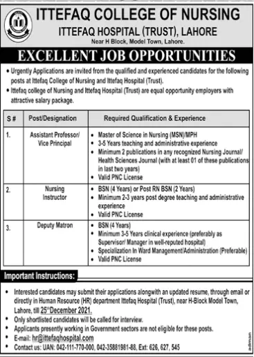 Jobs in Pakistan Ittefaq College of Nursing Lahore – Private Company Jobs 2021 — original advertisement