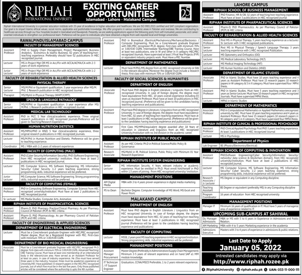 Jobs in Pakistan Riphah International university Islamabad – Private Sector Organization Jobs 2021 — original advertisement