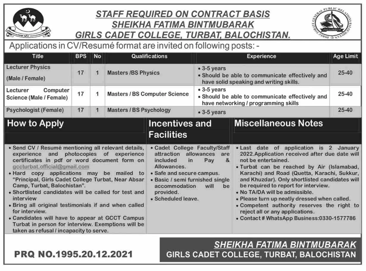 Girls Cadet Cadet Collage Turbat  Balochistan Jobs – Govt of Balochistan Jobs 2021 — original advertisement