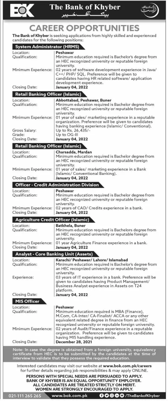 Jobs in Pakistan The Bank Of Khyber Pakistan Jobs 2021 — original advertisement