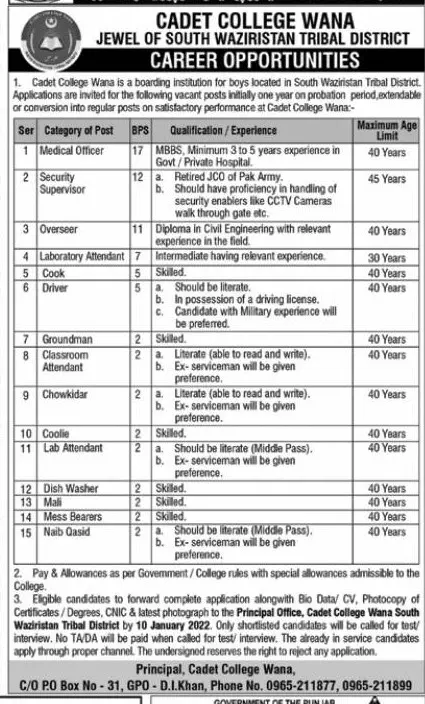 Jobs In Cadet Collage Wana – Cadet College Warsak Peshawar Jobs 2021 — original advertisement