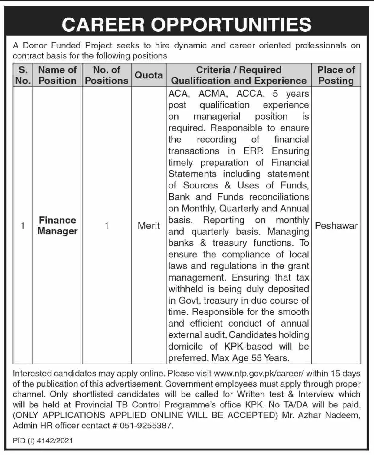 Jobs in Pakistan A Donor Funded Project Khyber Pakhtunkhawa – Private Sector Organization Jobs 2021 — original advertisement