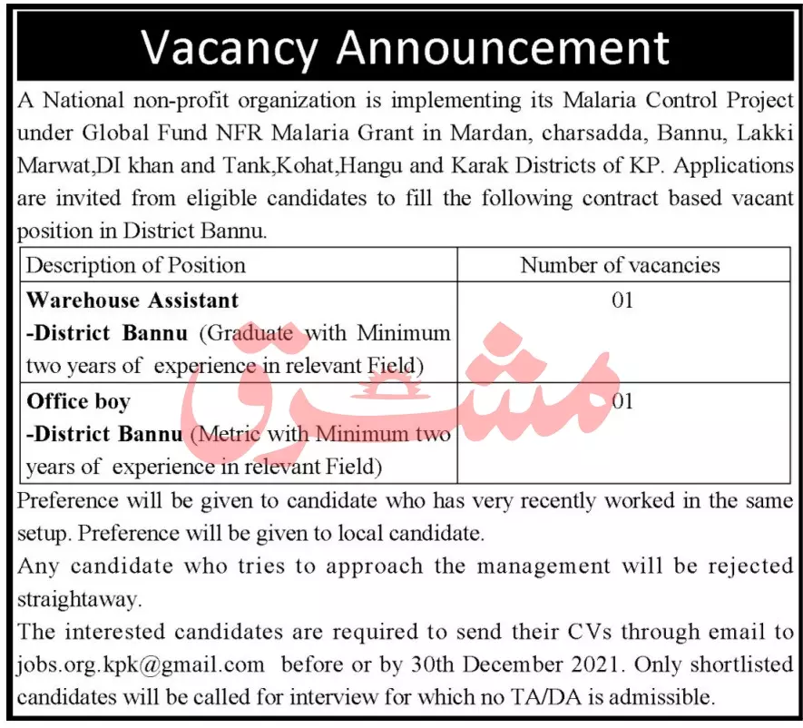 Malaria Control Project Bannu Khyber Pakhtunkhawa Jobs – Private Company Jobs 2021 — original advertisement