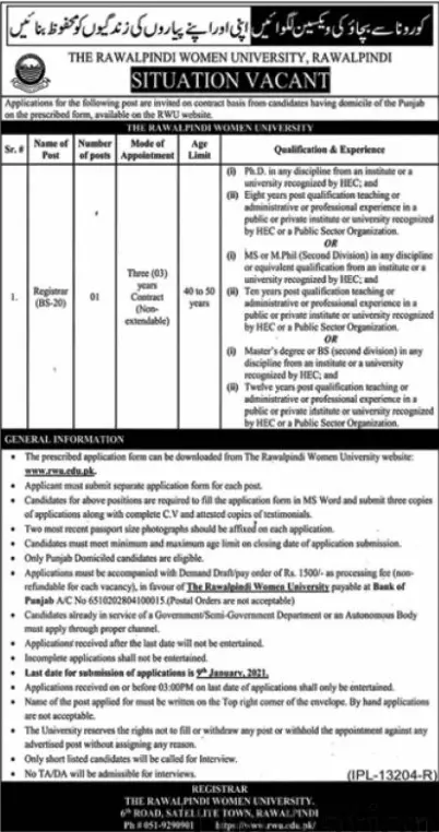 Jobs in Rawalpindi Women University  Rawalpindi – Rawalpindi Medical University & Allied Hospitals, Rawalpindi Jobs 2021 — original advertisement