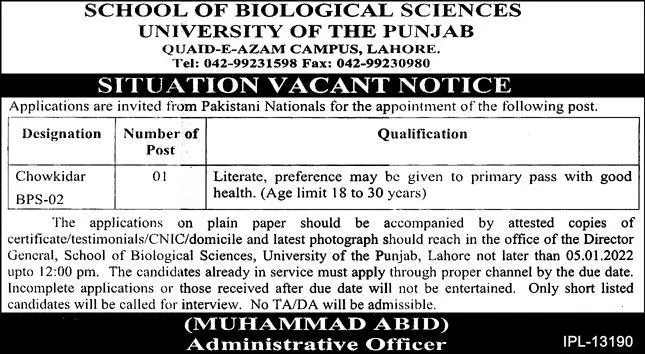 University of the Punjab Qaid-e-Azam Campus Lahore jobs – University of Punjab Jobs 2021 — original advertisement