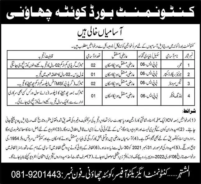 Jobs in pakistan cantoment board Quetta – Cantonment Board Jobs 2021 — original advertisement
