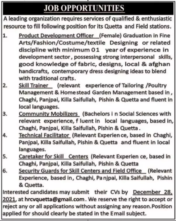 Jobs leading organization Quetta – Private Company Jobs 2021 — original advertisement